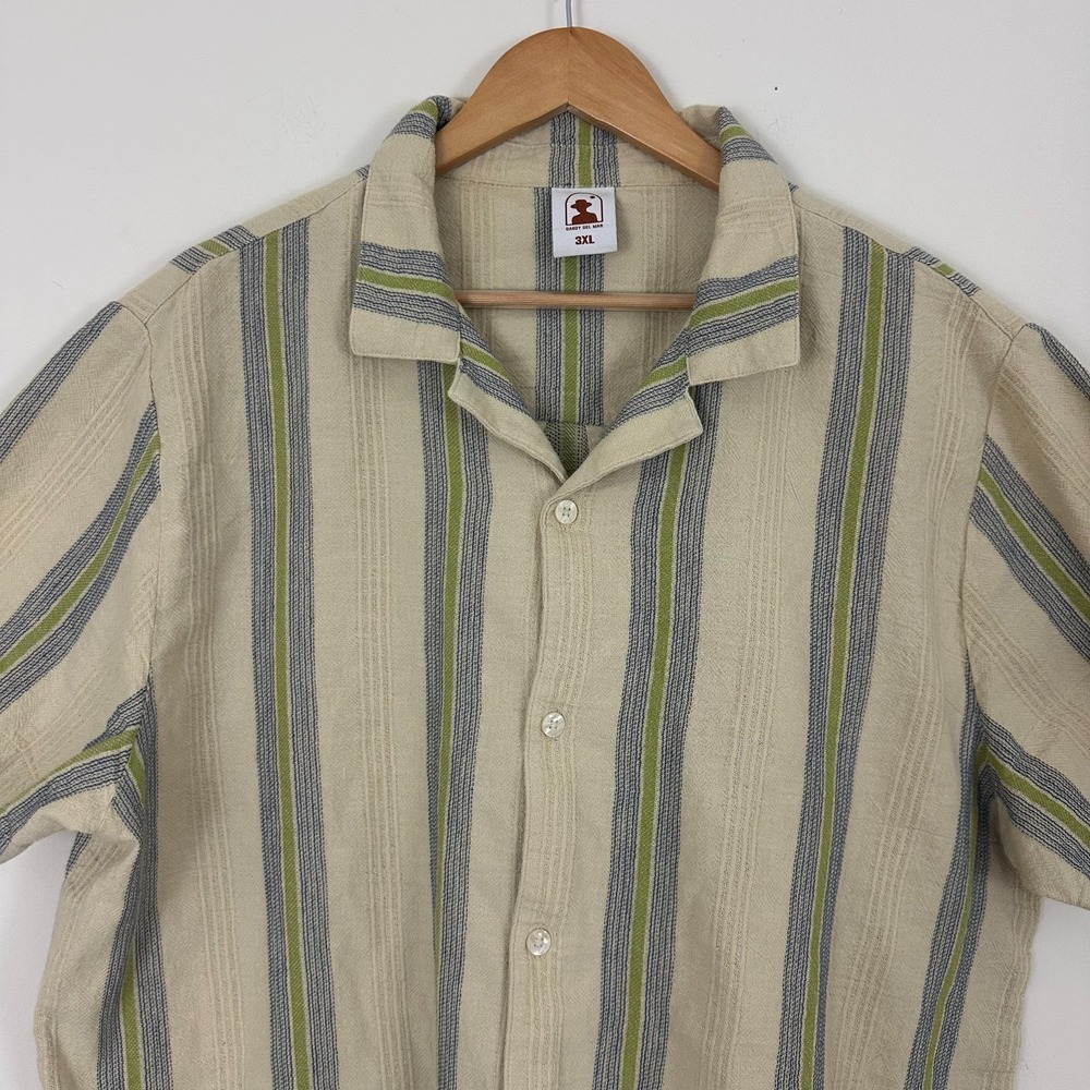 Dandy Del Mar Shirt Olive Cotton Striped Camp Collar Striped Button Up Mens 3XL